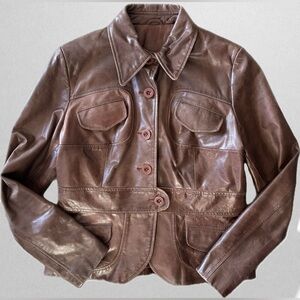 Vintage Chocolate Brown Leather Jacket - 70s Style Tailored Coat - Fits 6/8